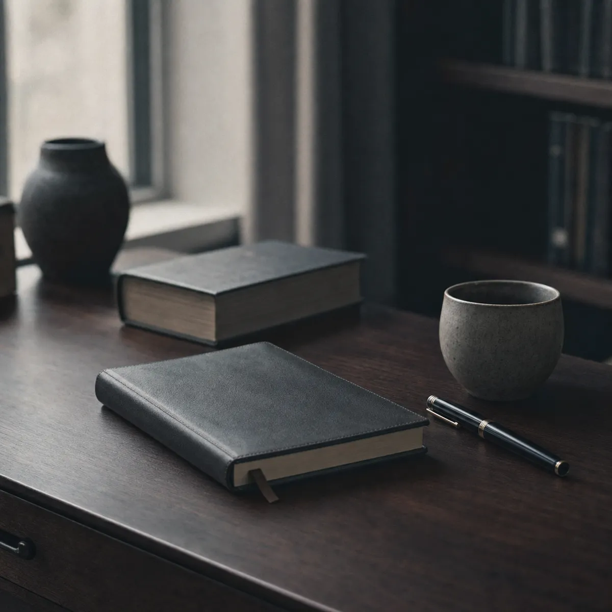 A quiet study desk with a leather notebook, fountain pen and a book in soft light